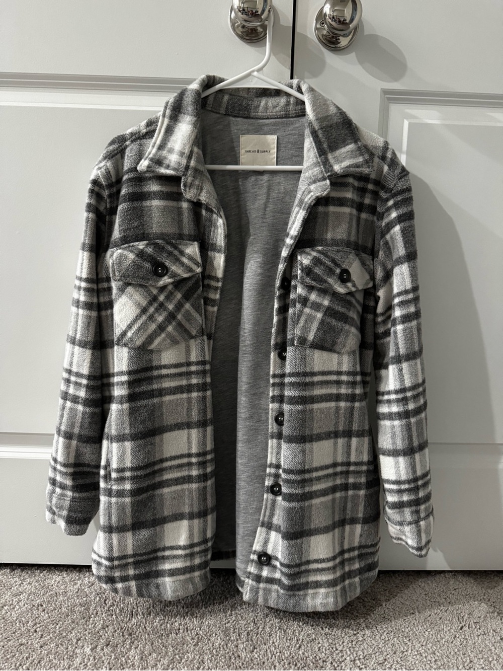 Thread & Supply Gray and White Plaid Button-Front Shacket